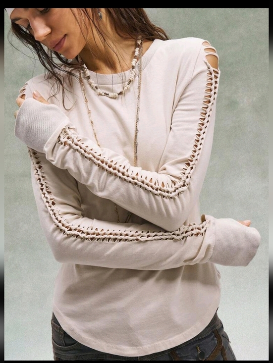 Tops - Lattice-Sleeve Long Sleeve Top in Light Ivory